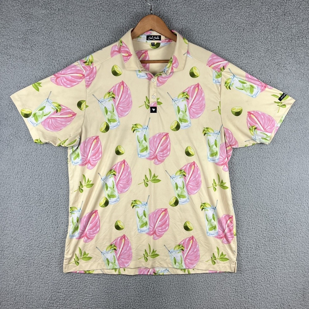 Bad Birdie Polo Shirt Mens XXL Yellow‎ Pink Lime Drink Floral Allover Print S/S